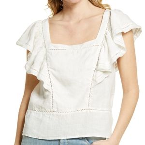 Faherty White Linen Mariposa Ruffle Square Neck Cropped Cottage Core Top
